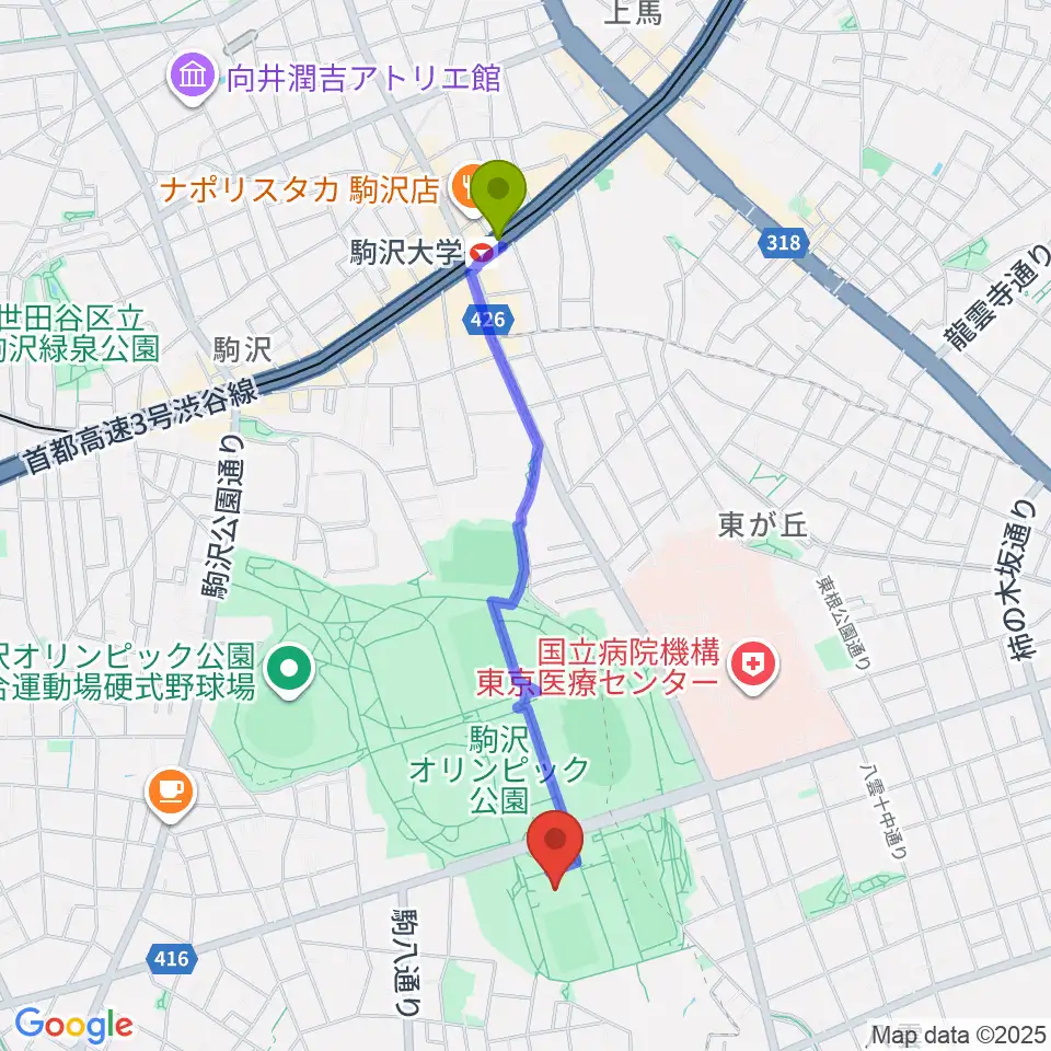 駒沢オリンピック公園屋内球技場の最寄駅駒沢大学駅からの徒歩ルート（約19分）地図