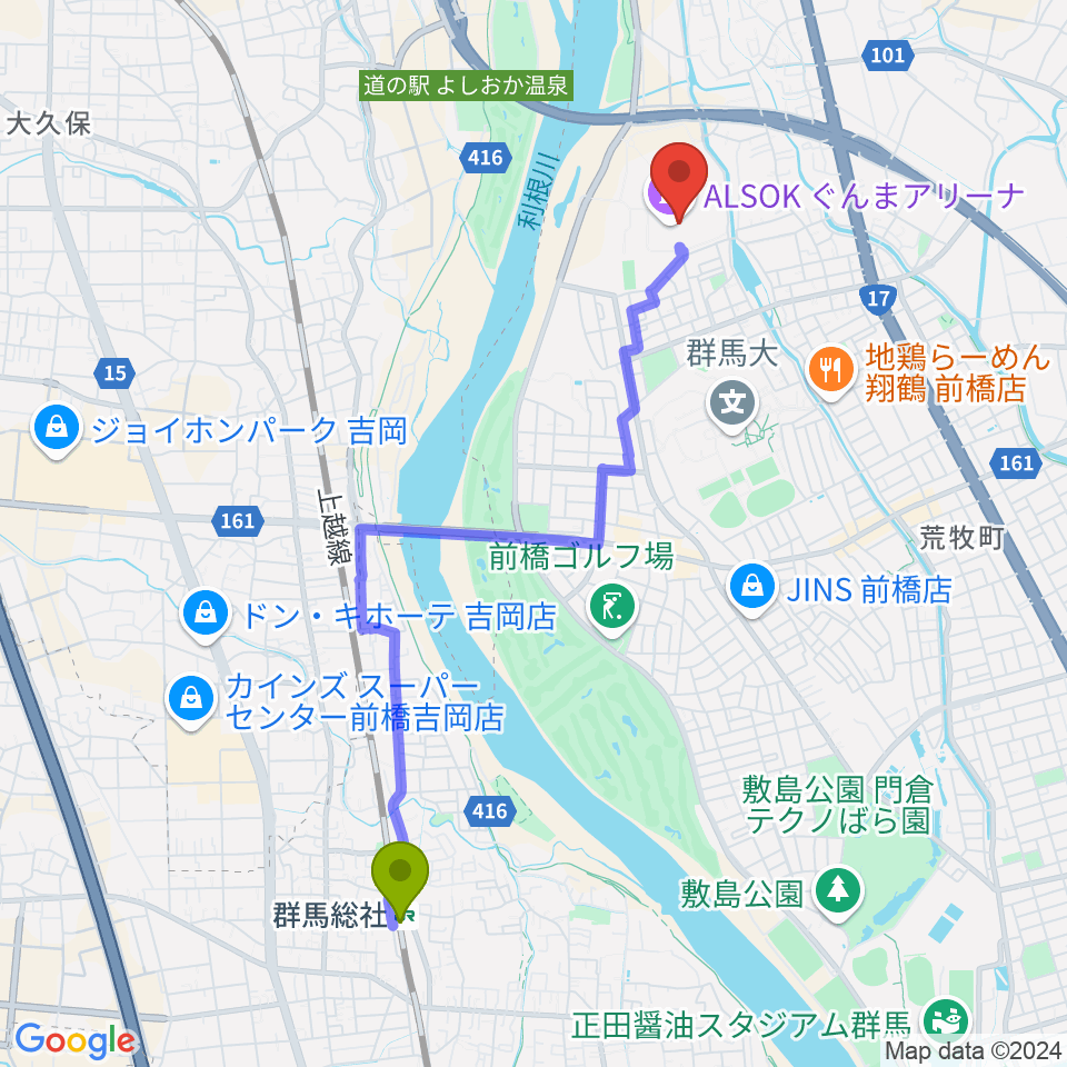 ALSOKぐんまアリーナの最寄駅群馬総社駅からの徒歩ルート（約43分）地図