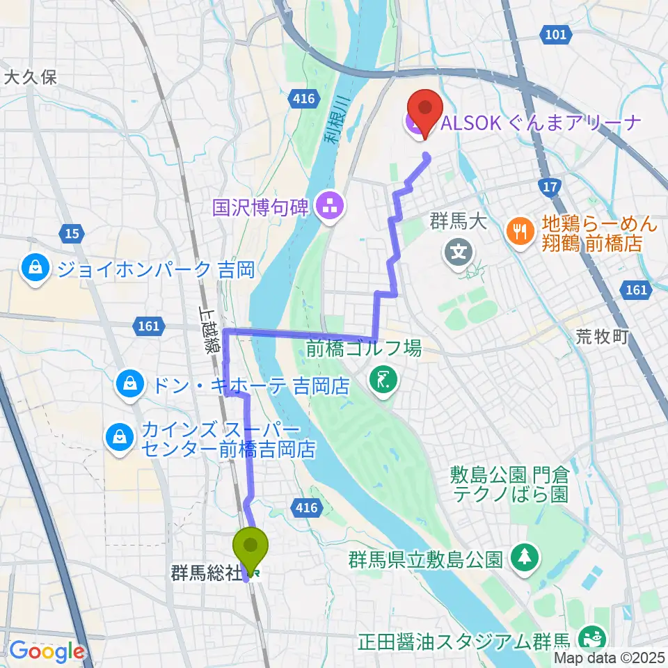 ALSOKぐんまアリーナの最寄駅群馬総社駅からの徒歩ルート（約43分）地図