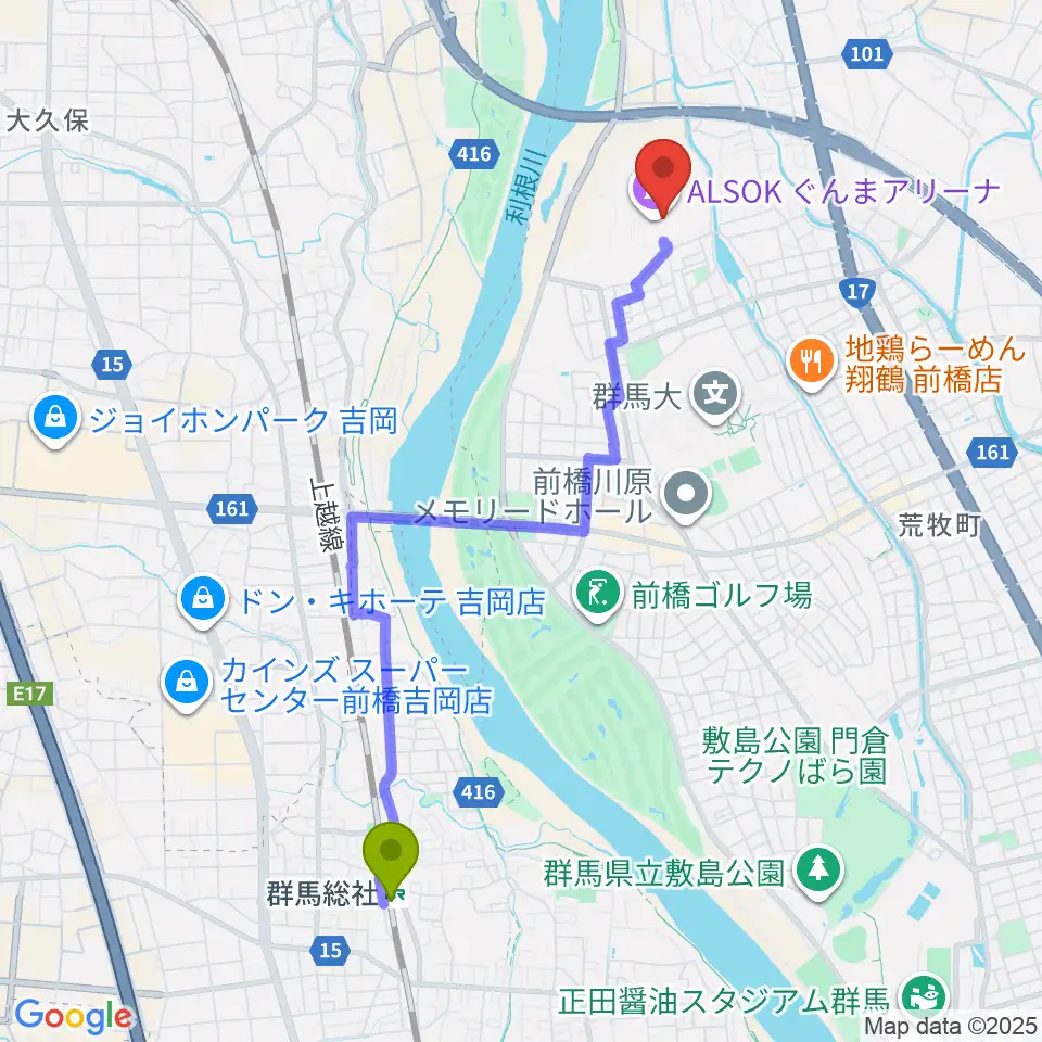 ALSOKぐんまアリーナの最寄駅群馬総社駅からの徒歩ルート（約43分）地図
