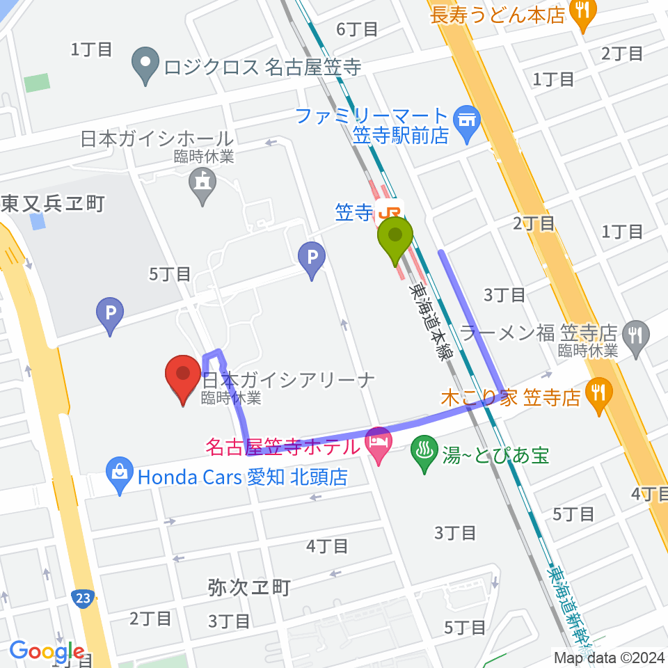日本ガイシアリーナの最寄駅笠寺駅からの徒歩ルート（約6分）地図