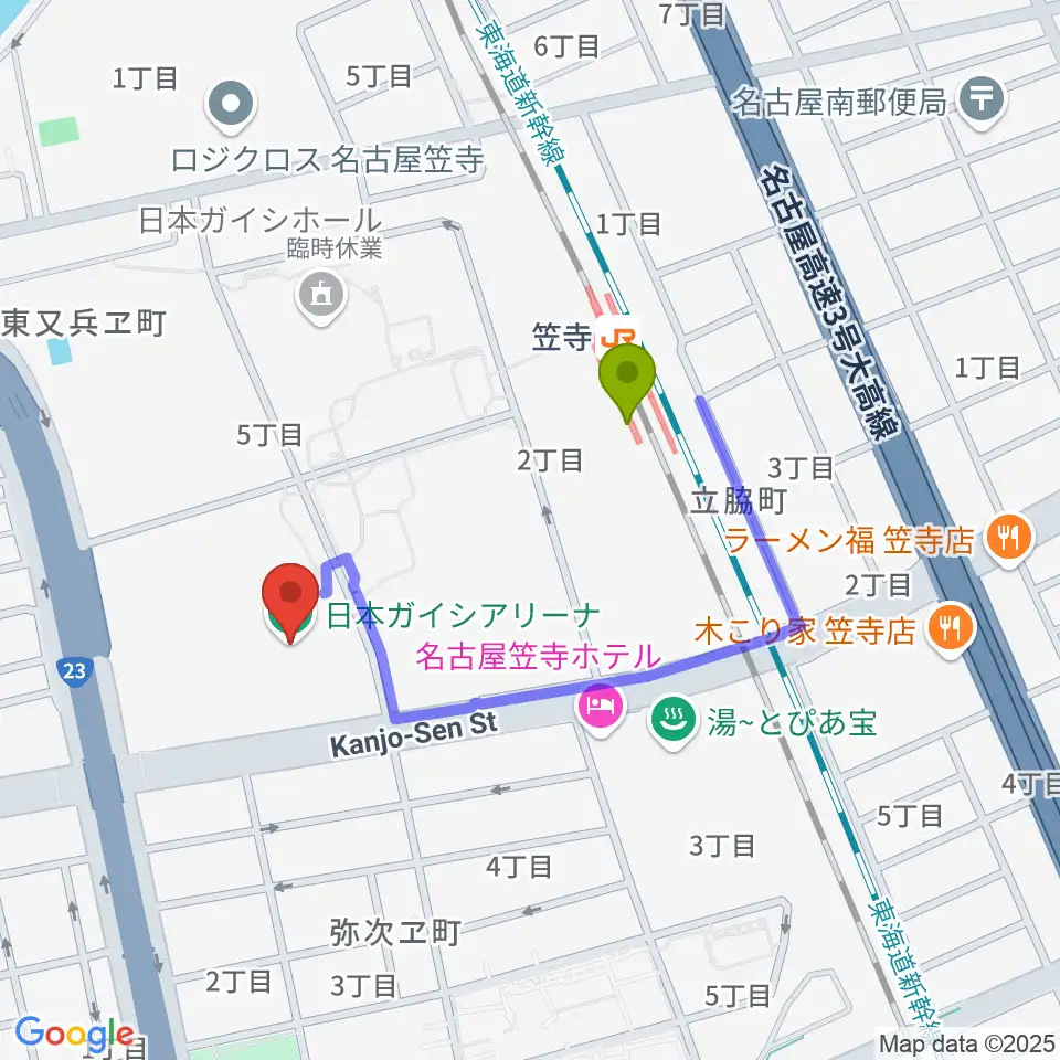 日本ガイシアリーナの最寄駅笠寺駅からの徒歩ルート（約6分）地図