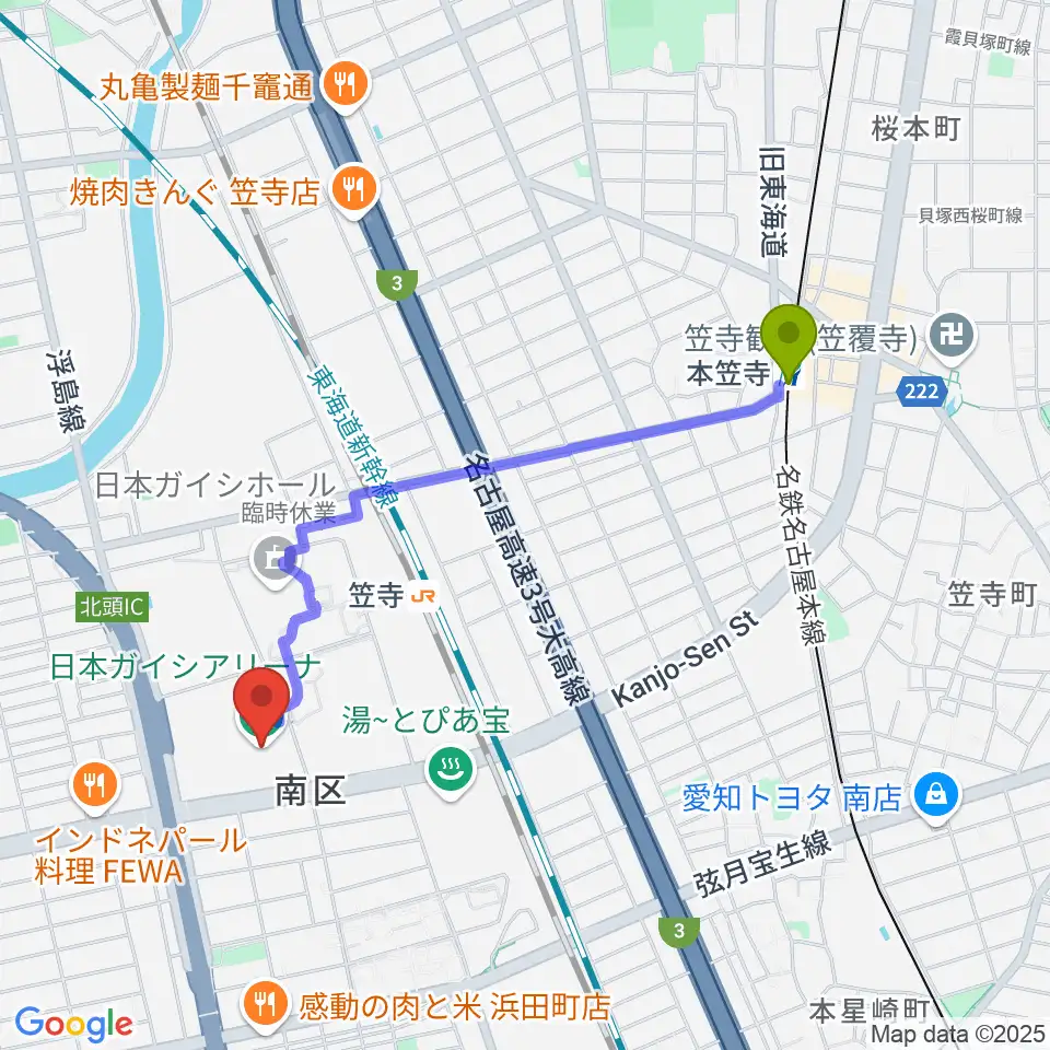 本笠寺駅から日本ガイシアリーナへのルートマップ地図