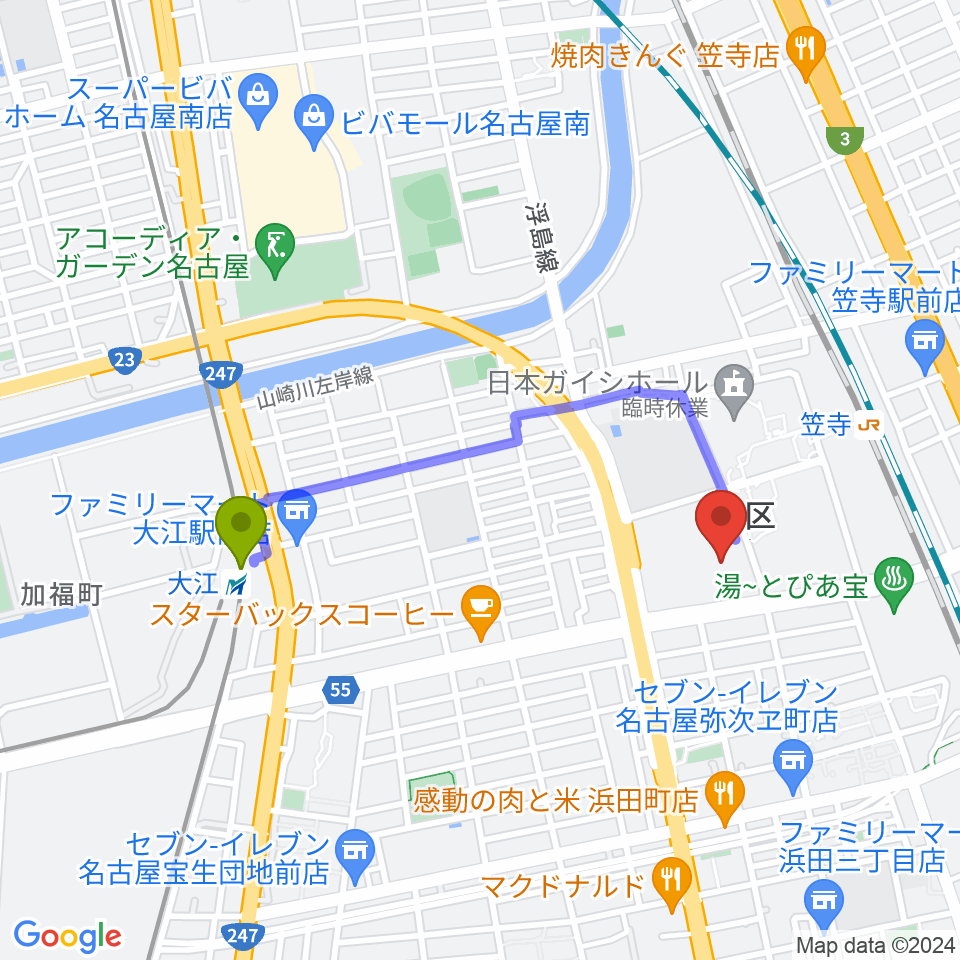 大江駅から日本ガイシアリーナへのルートマップ地図