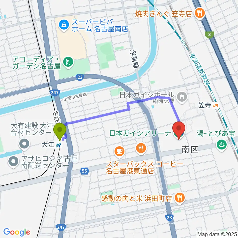 大江駅から日本ガイシアリーナへのルートマップ地図