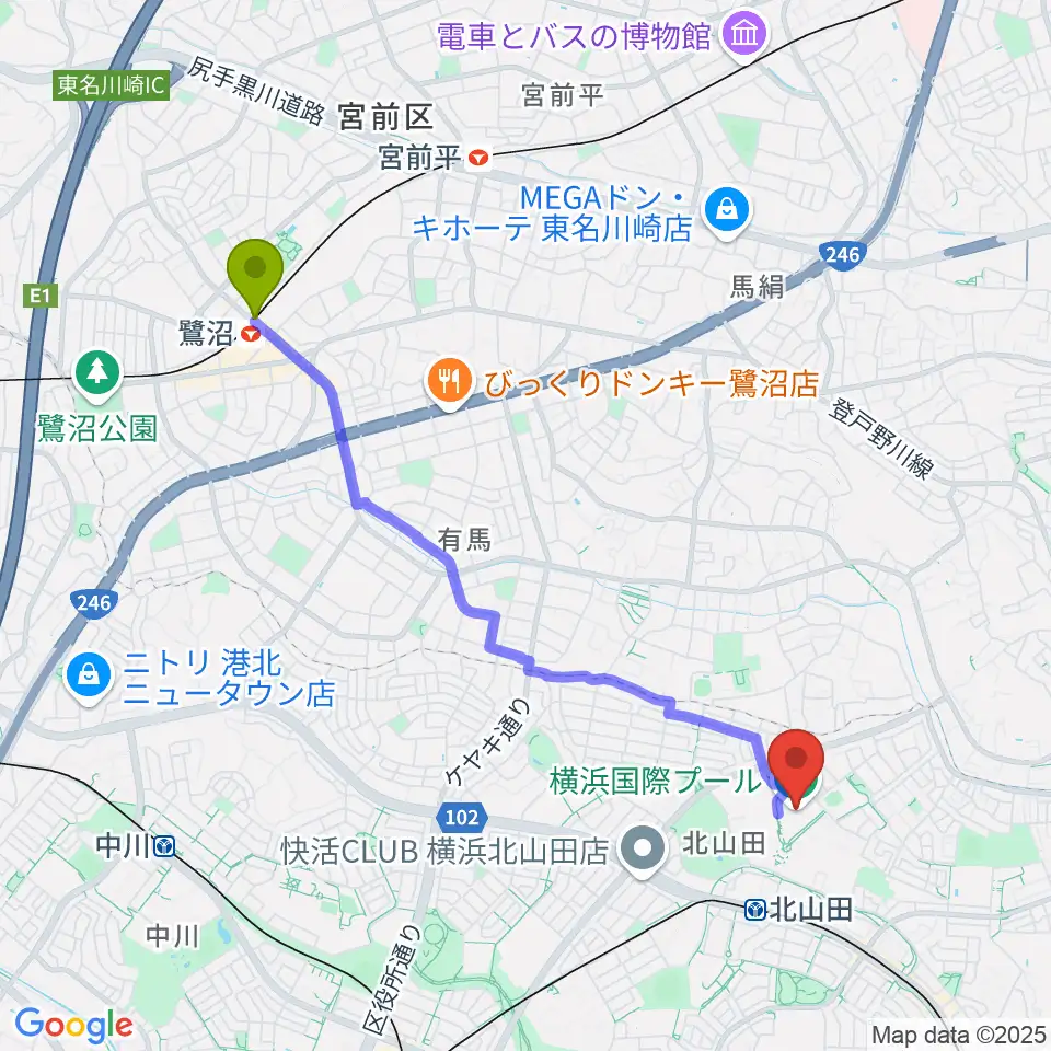 鷺沼駅から横浜国際プールへのルートマップ地図