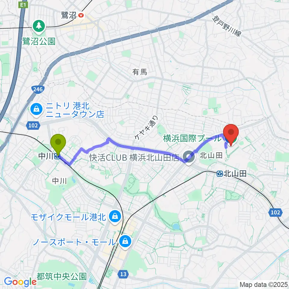 中川駅から横浜国際プールへのルートマップ地図