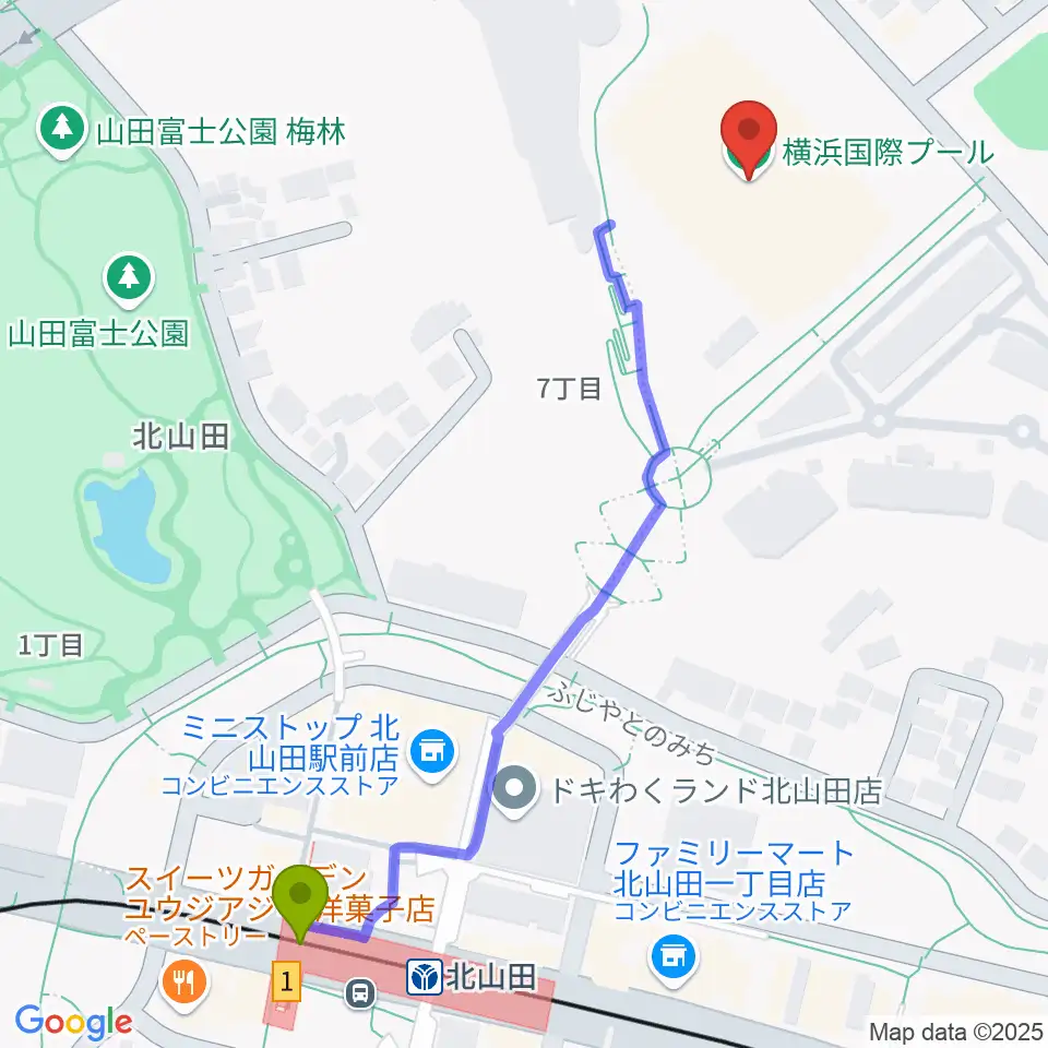 横浜国際プールの最寄駅北山田駅からの徒歩ルート（約7分）地図