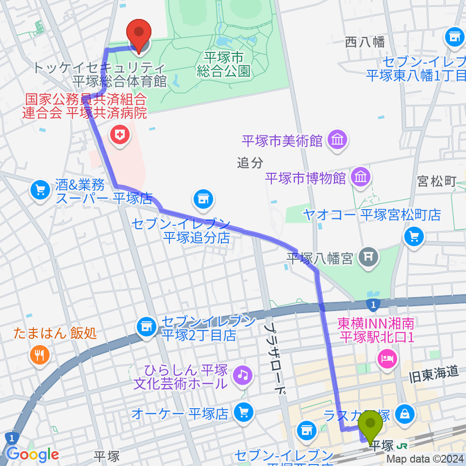 トッケイセキュリティ平塚総合体育館の最寄駅平塚駅からの徒歩ルート（約30分）地図