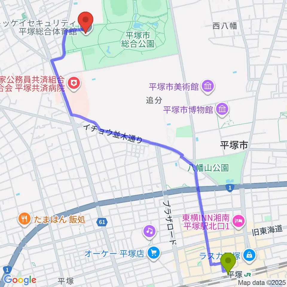 トッケイセキュリティ平塚総合体育館の最寄駅平塚駅からの徒歩ルート（約30分）地図