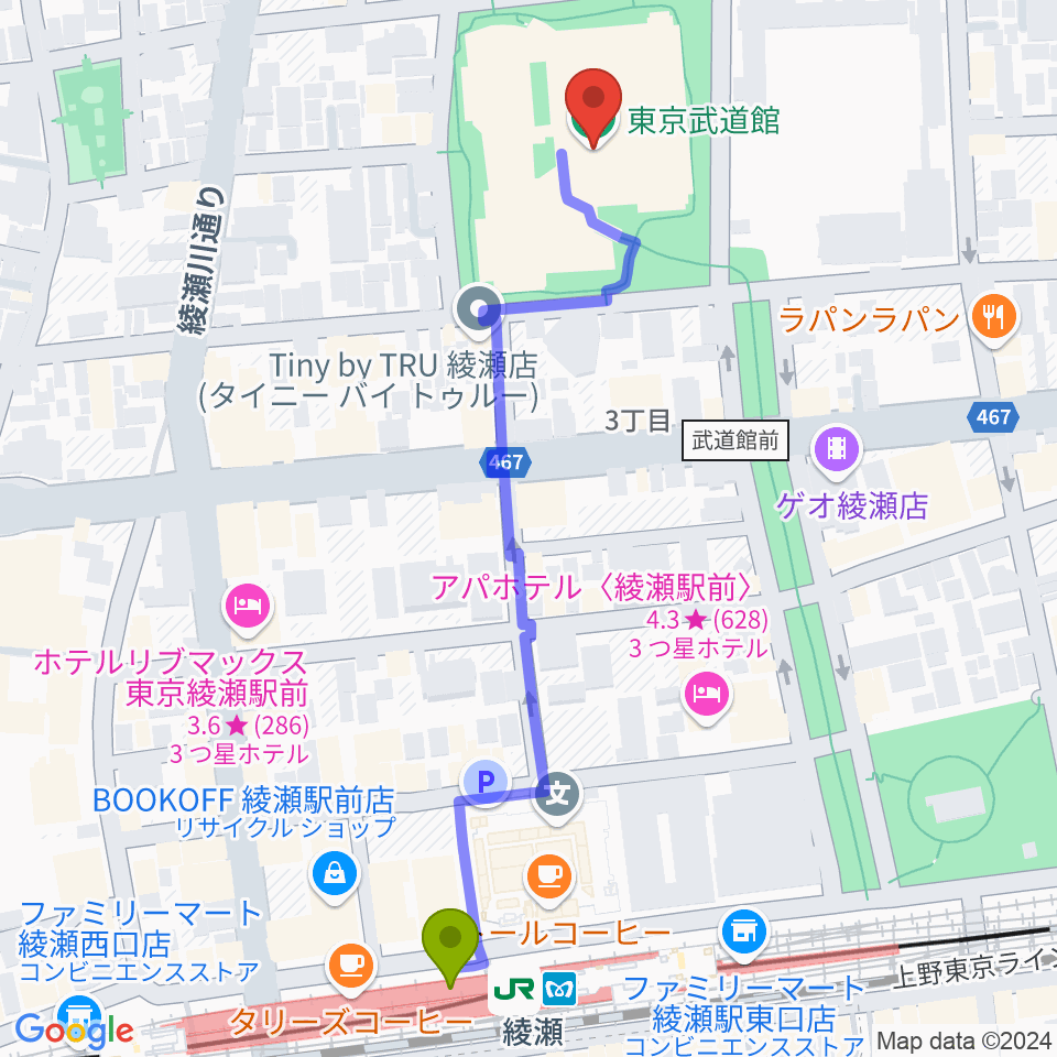 東京武道館の最寄駅綾瀬駅からの徒歩ルート（約6分）地図