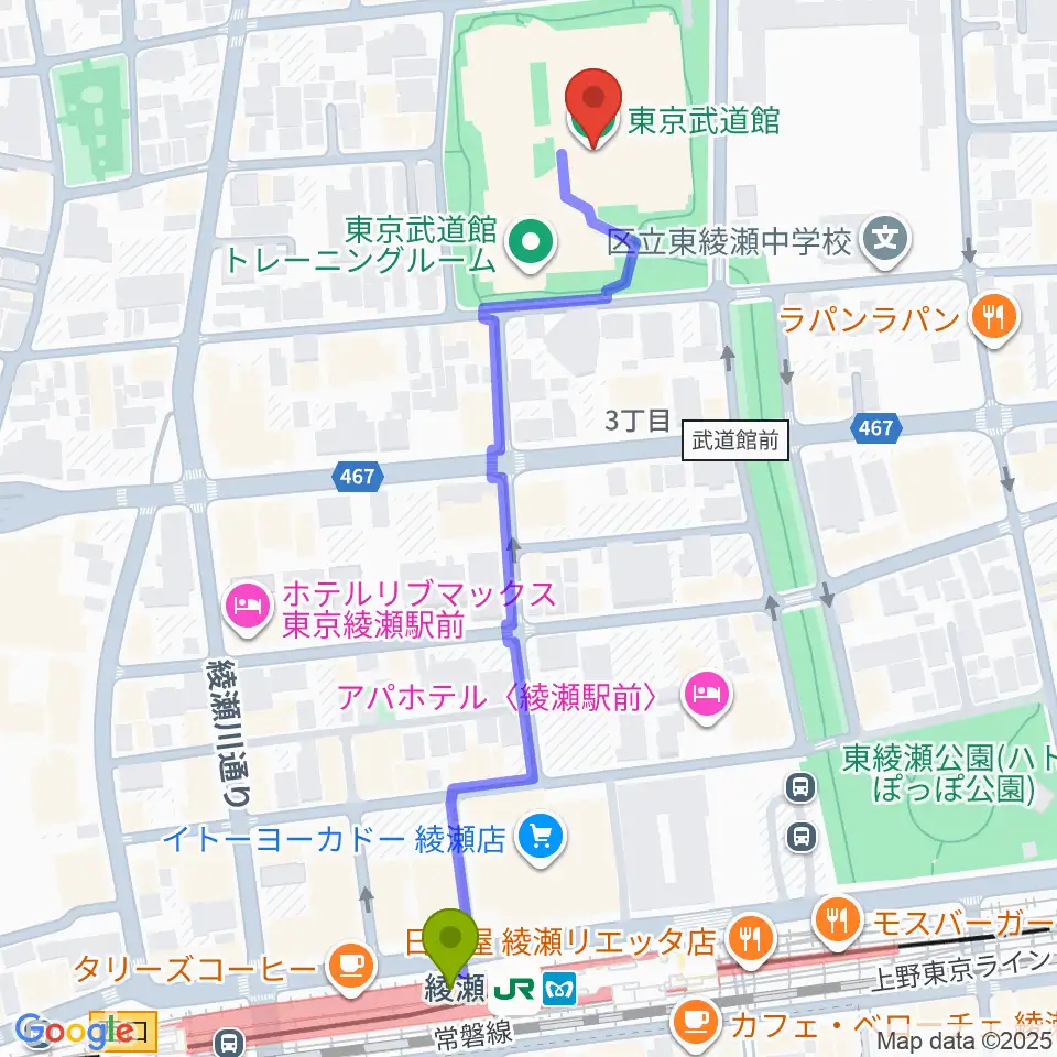 東京武道館の最寄駅綾瀬駅からの徒歩ルート（約6分）地図