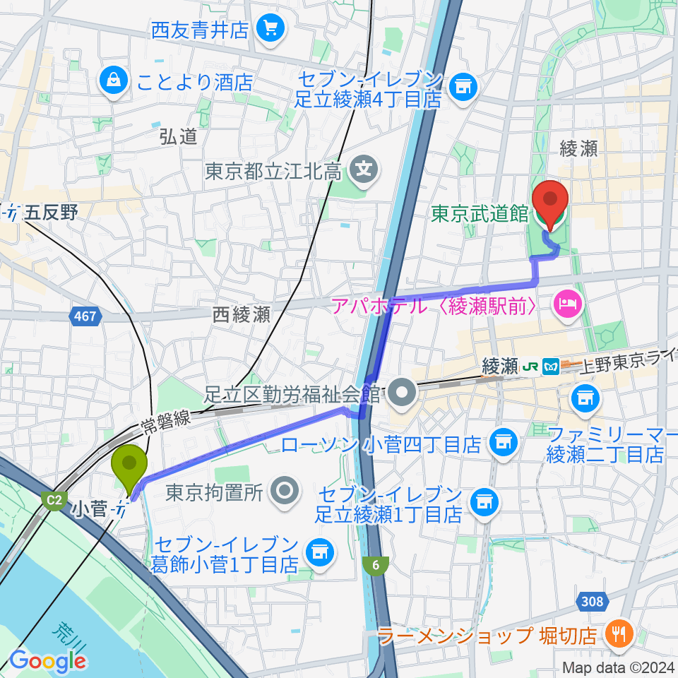 小菅駅から東京武道館へのルートマップ地図