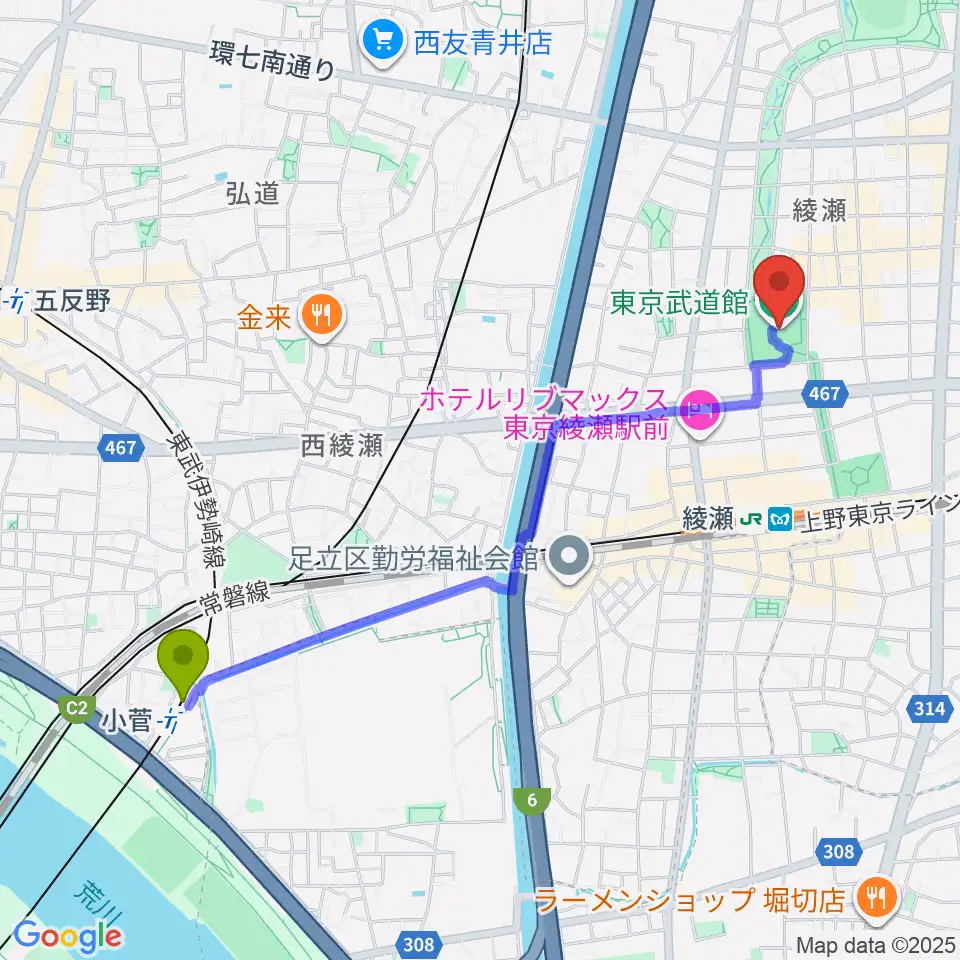 小菅駅から東京武道館へのルートマップ地図