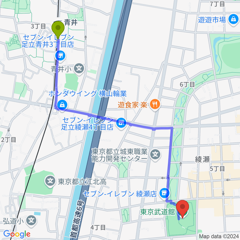 青井駅から東京武道館へのルートマップ地図