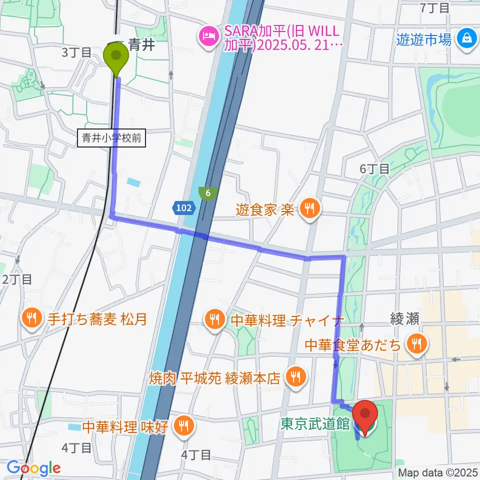 青井駅から東京武道館へのルートマップ地図