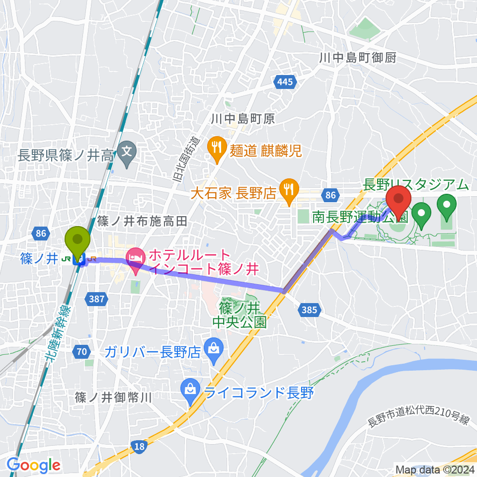 長野オリンピックスタジアムの最寄駅篠ノ井駅からの徒歩ルート（約42分）地図