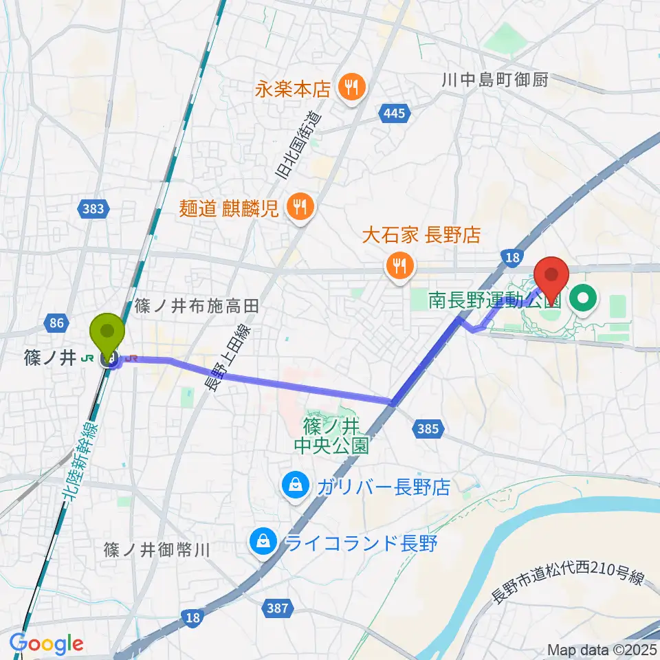 長野オリンピックスタジアムの最寄駅篠ノ井駅からの徒歩ルート（約42分）地図