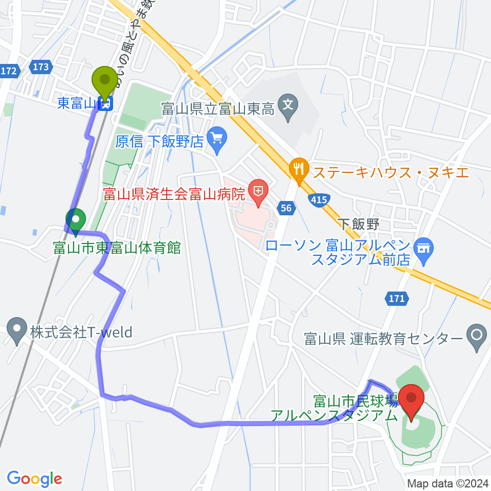 富山市民球場アルペンスタジアムの最寄駅東富山駅からの徒歩ルート（約28分）地図