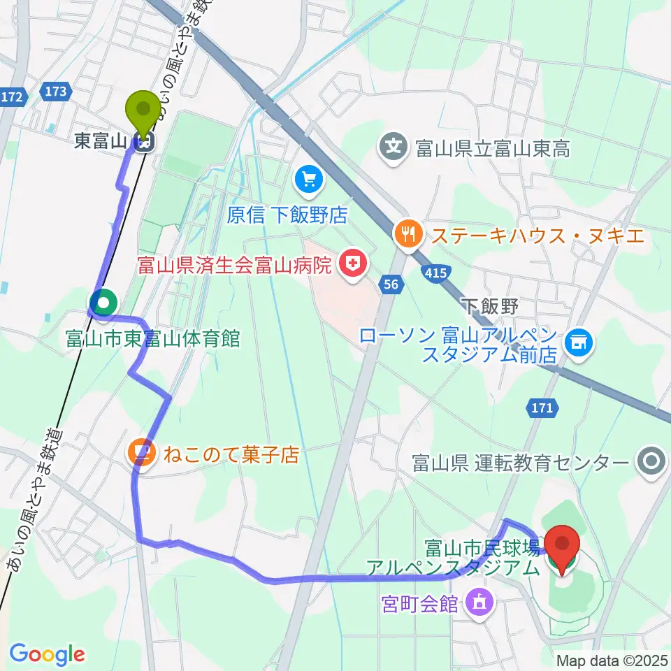 富山市民球場アルペンスタジアムの最寄駅東富山駅からの徒歩ルート（約28分）地図