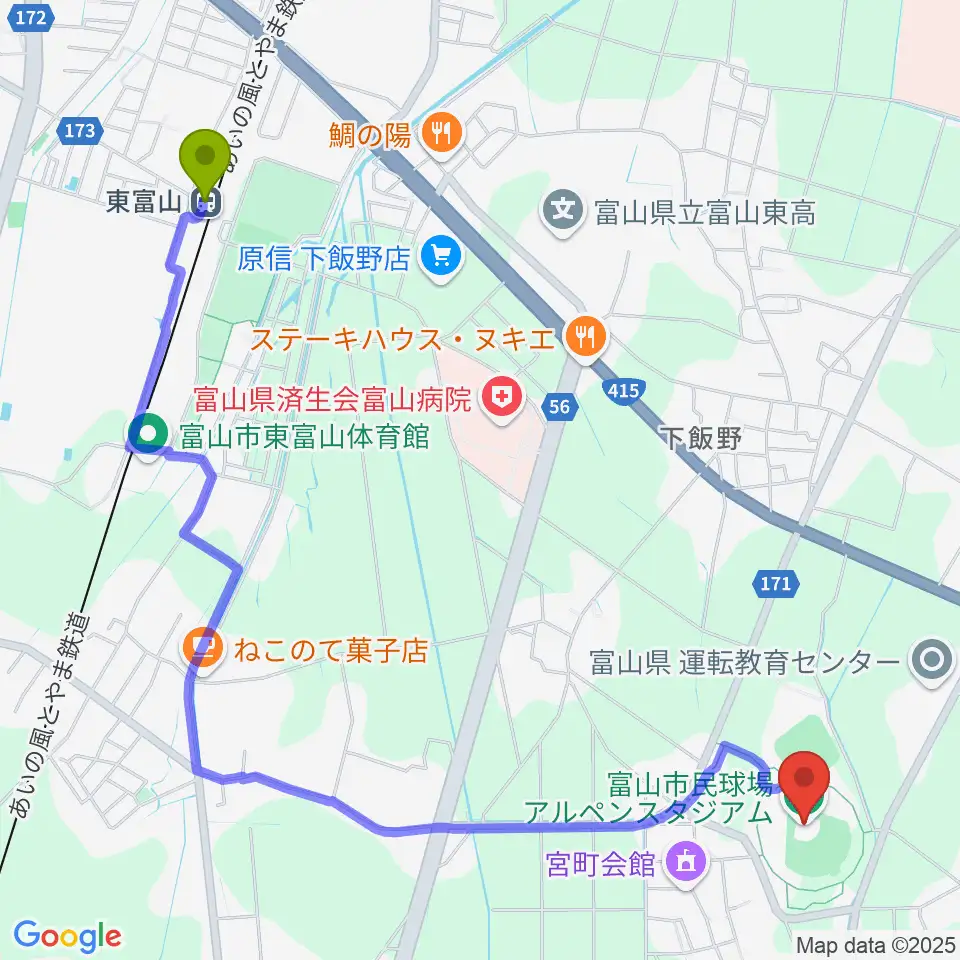 富山市民球場アルペンスタジアムの最寄駅東富山駅からの徒歩ルート（約28分）地図
