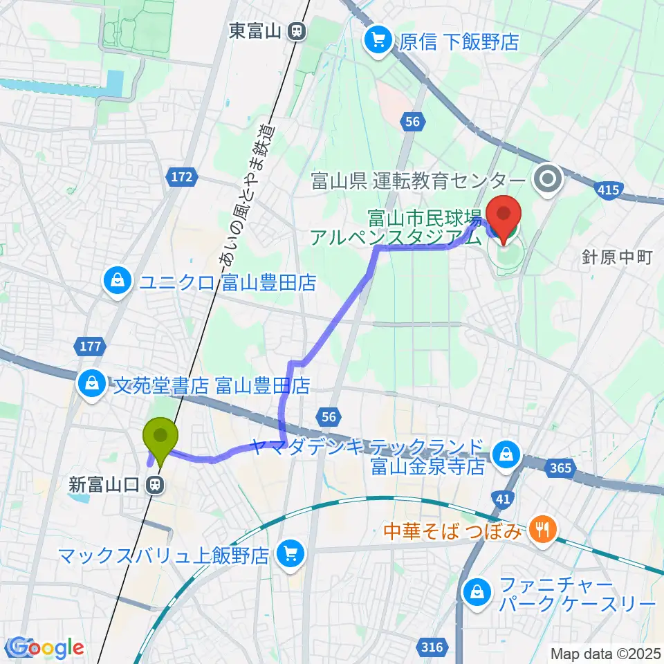 新富山口駅から富山市民球場アルペンスタジアムへのルートマップ地図