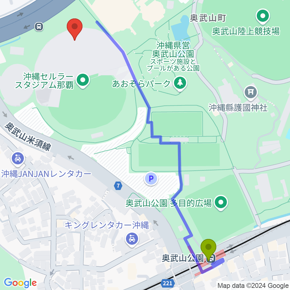 沖縄セルラースタジアム那覇の最寄駅奥武山公園駅からの徒歩ルート（約8分）地図