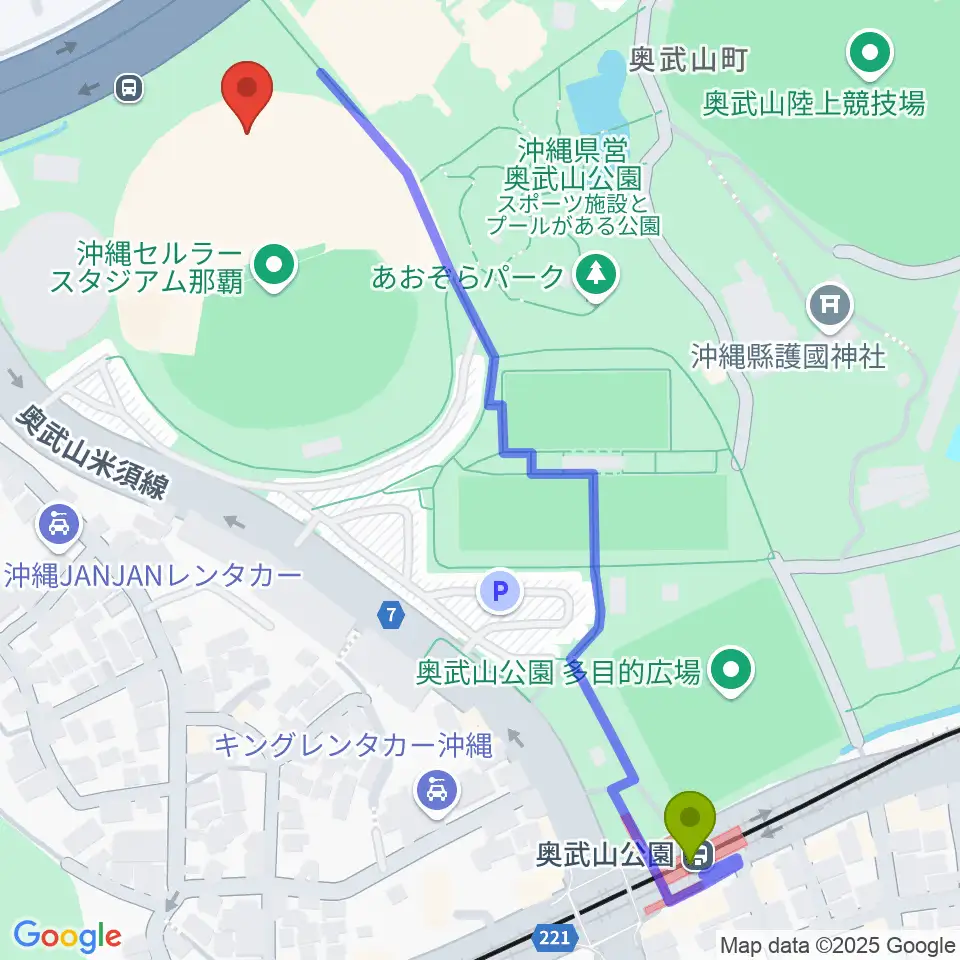 沖縄セルラースタジアム那覇の最寄駅奥武山公園駅からの徒歩ルート（約8分）地図