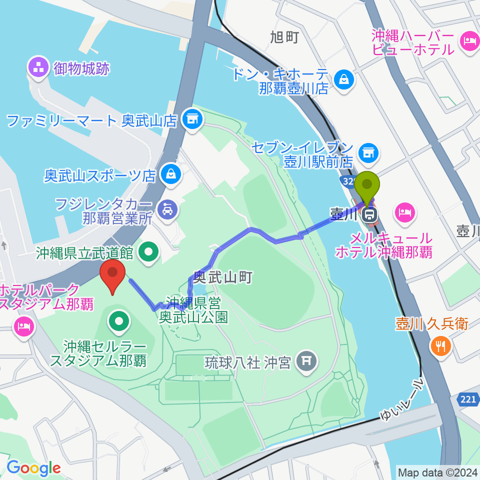 壺川駅から沖縄セルラースタジアム那覇へのルートマップ地図