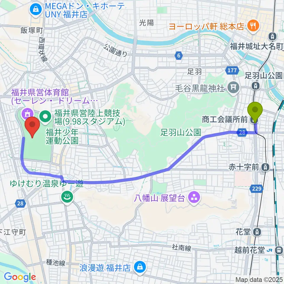 セーレン・ドリームスタジアムの最寄駅商工会議所前駅からの徒歩ルート（約49分）地図