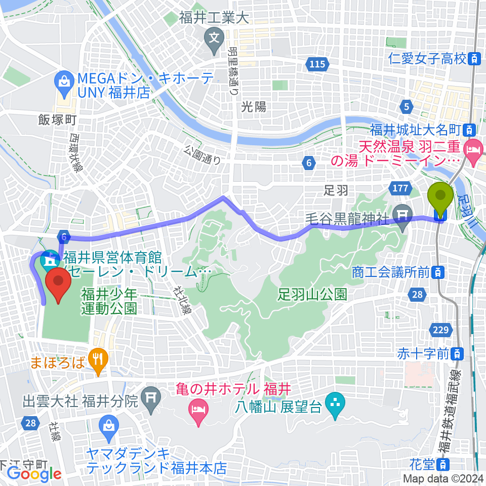 足羽山公園口駅からセーレン・ドリームスタジアムへのルートマップ地図