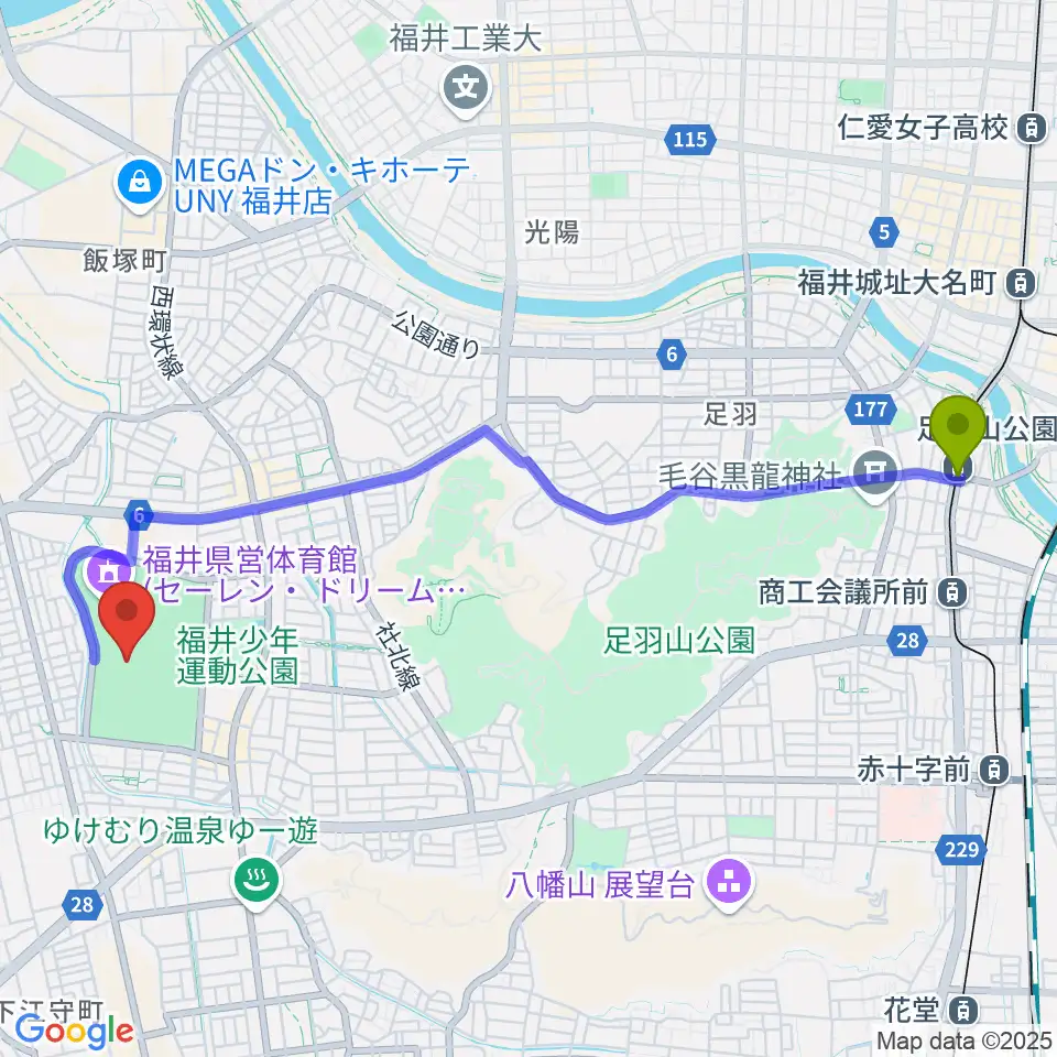 足羽山公園口駅からセーレン・ドリームスタジアムへのルートマップ地図