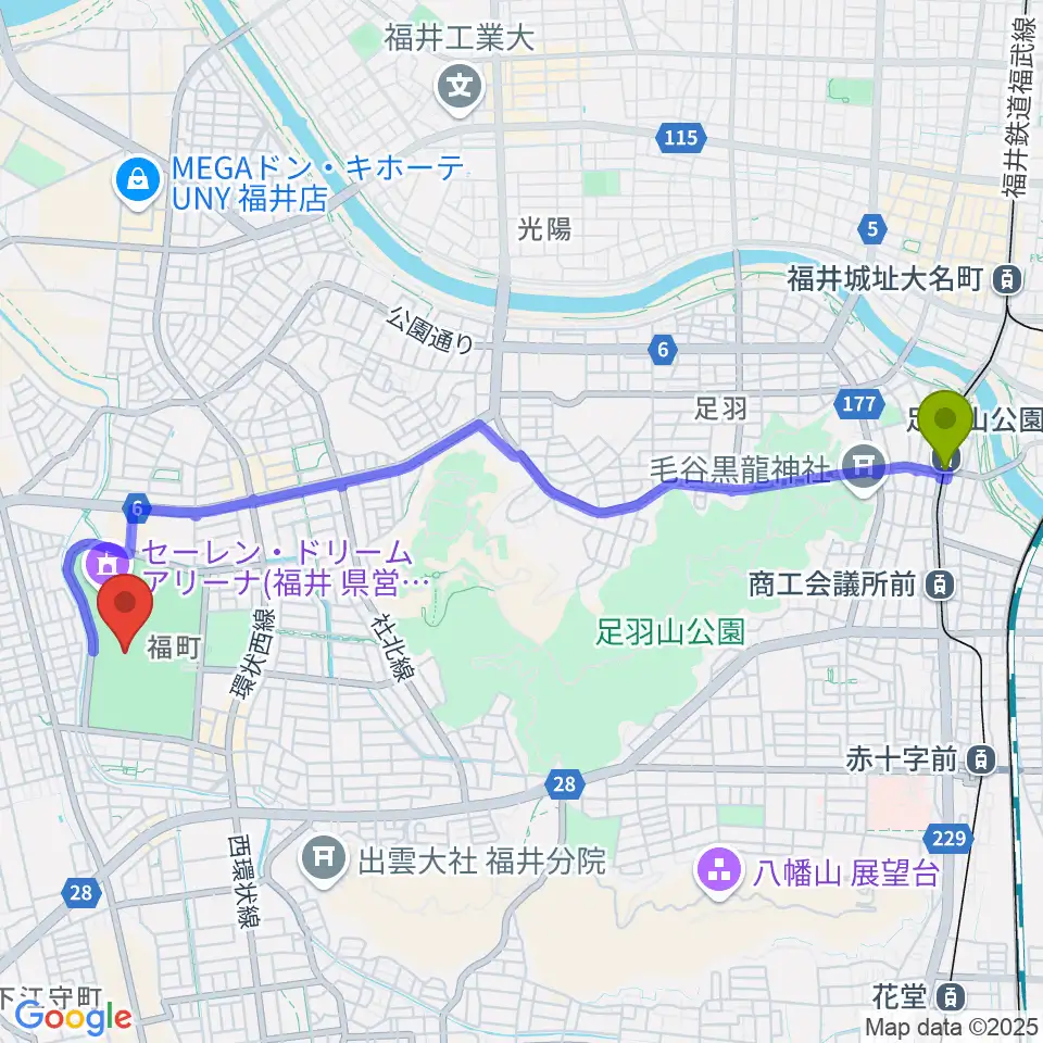 足羽山公園口駅からセーレン・ドリームスタジアムへのルートマップ地図