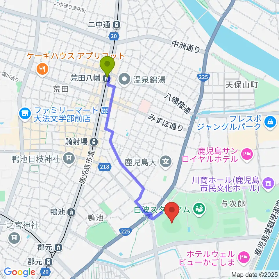 荒田八幡駅から平和リース球場へのルートマップ地図
