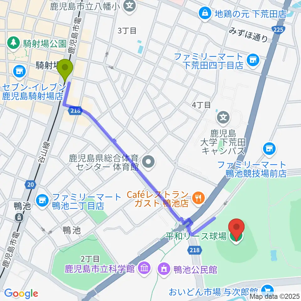 騎射場駅から平和リース球場へのルートマップ地図