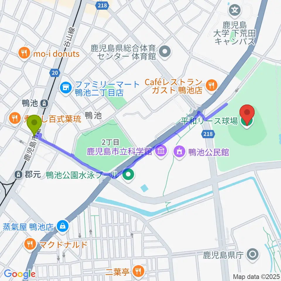 平和リース球場の最寄駅鴨池駅からの徒歩ルート（約12分）地図