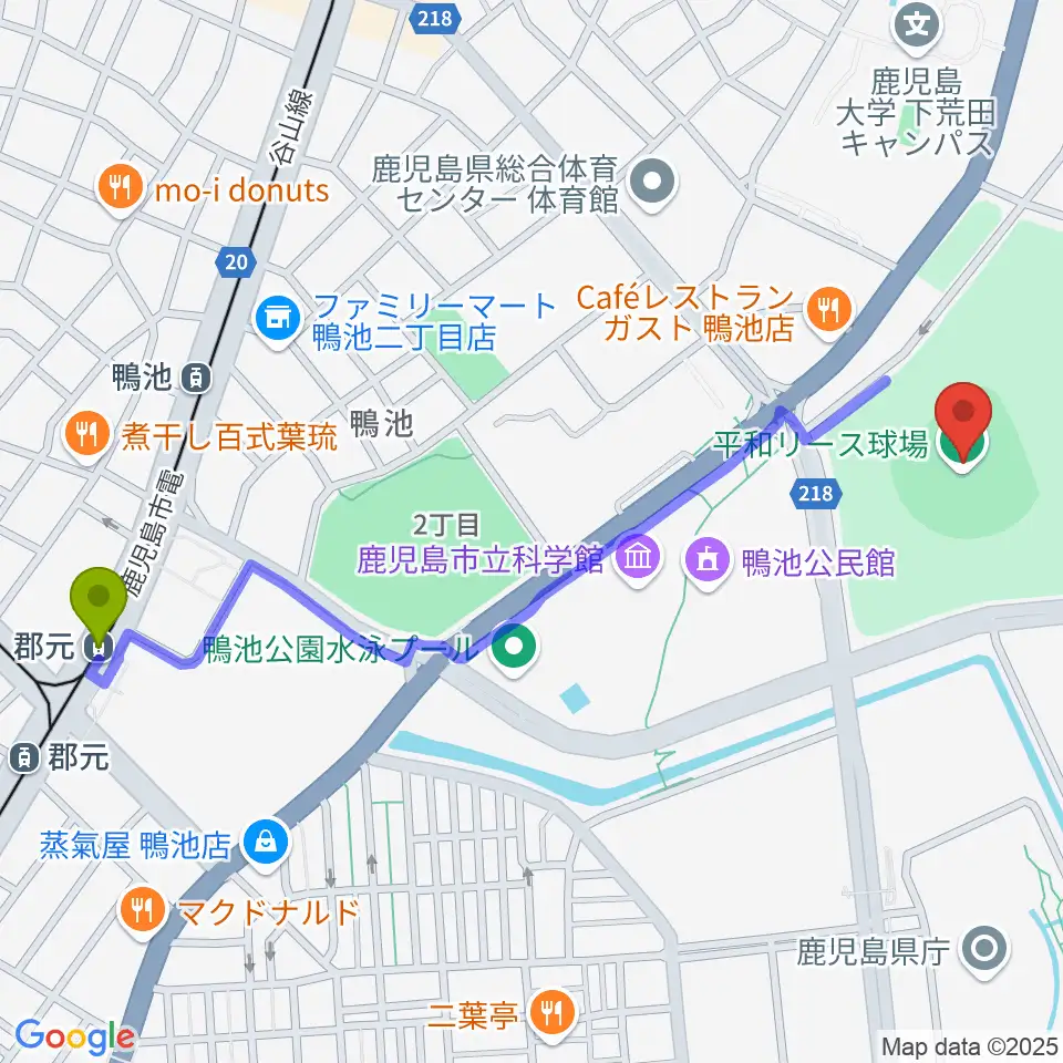 郡元駅から平和リース球場へのルートマップ地図