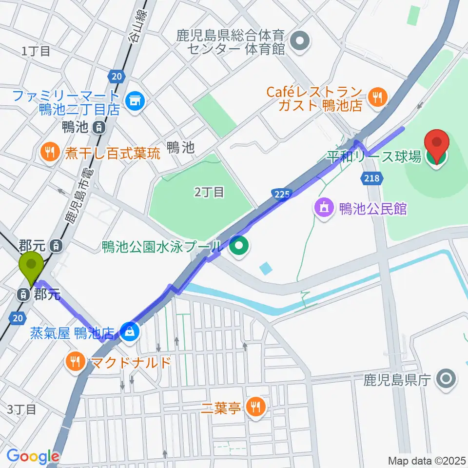 郡元南駅から平和リース球場へのルートマップ地図