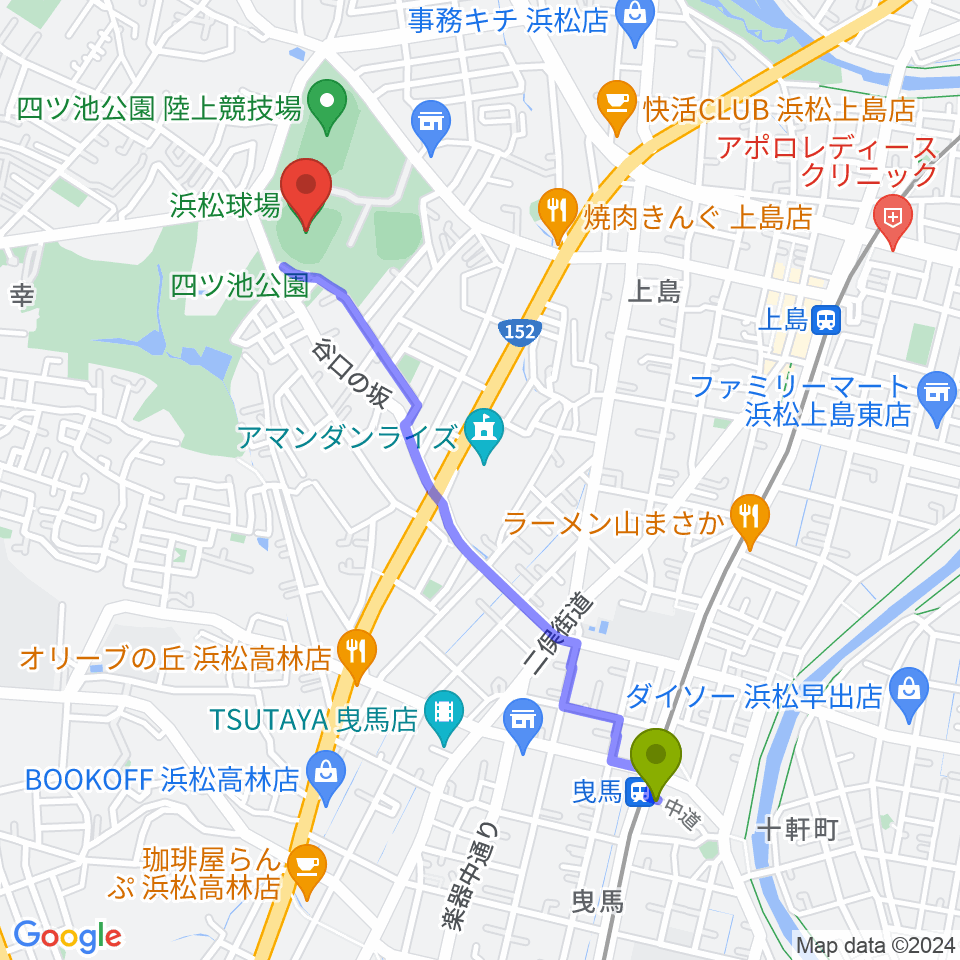 曳馬駅から浜松球場へのルートマップ地図