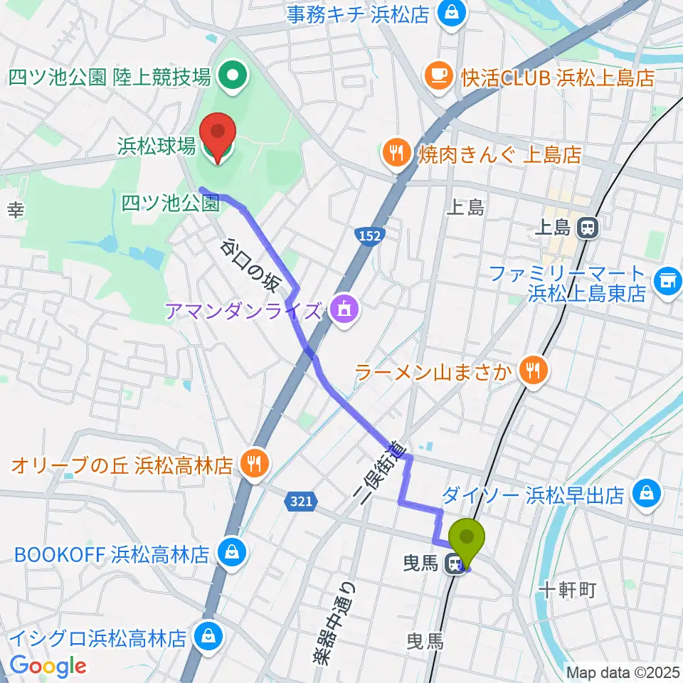 曳馬駅から浜松球場へのルートマップ地図