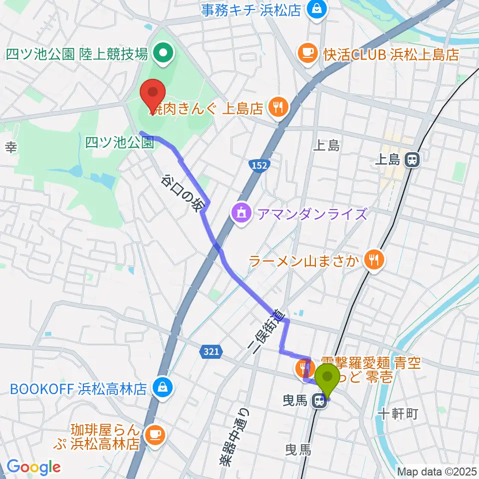 曳馬駅から浜松球場へのルートマップ地図
