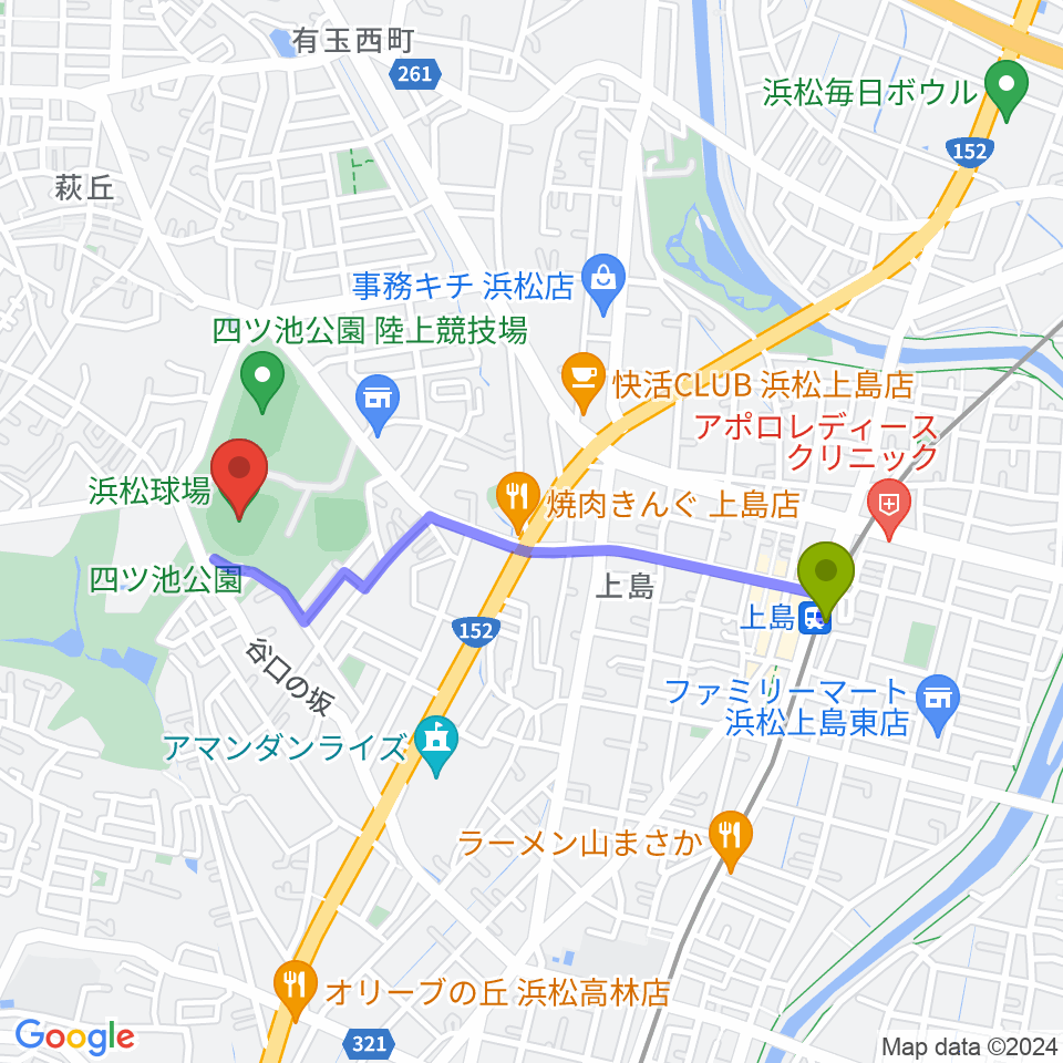 浜松球場の最寄駅上島駅からの徒歩ルート（約18分）地図