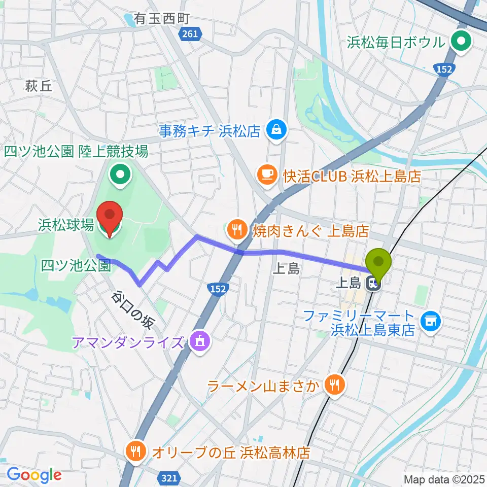 浜松球場の最寄駅上島駅からの徒歩ルート（約18分）地図