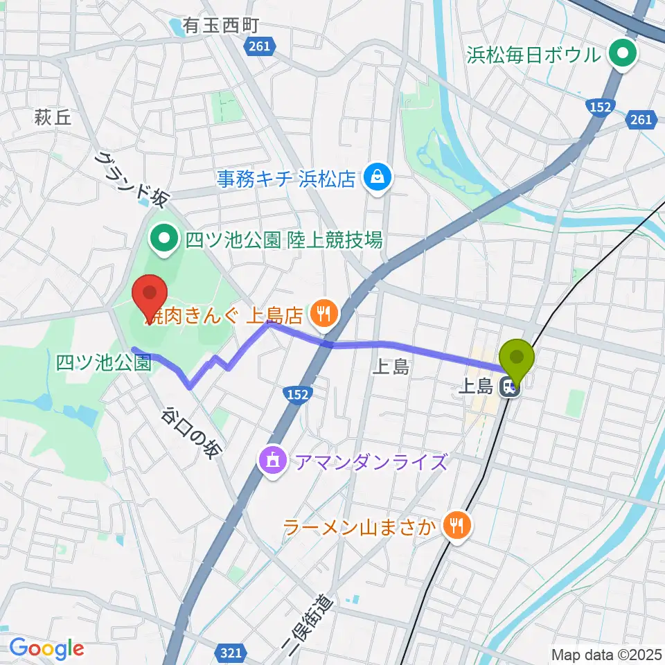 浜松球場の最寄駅上島駅からの徒歩ルート（約18分）地図