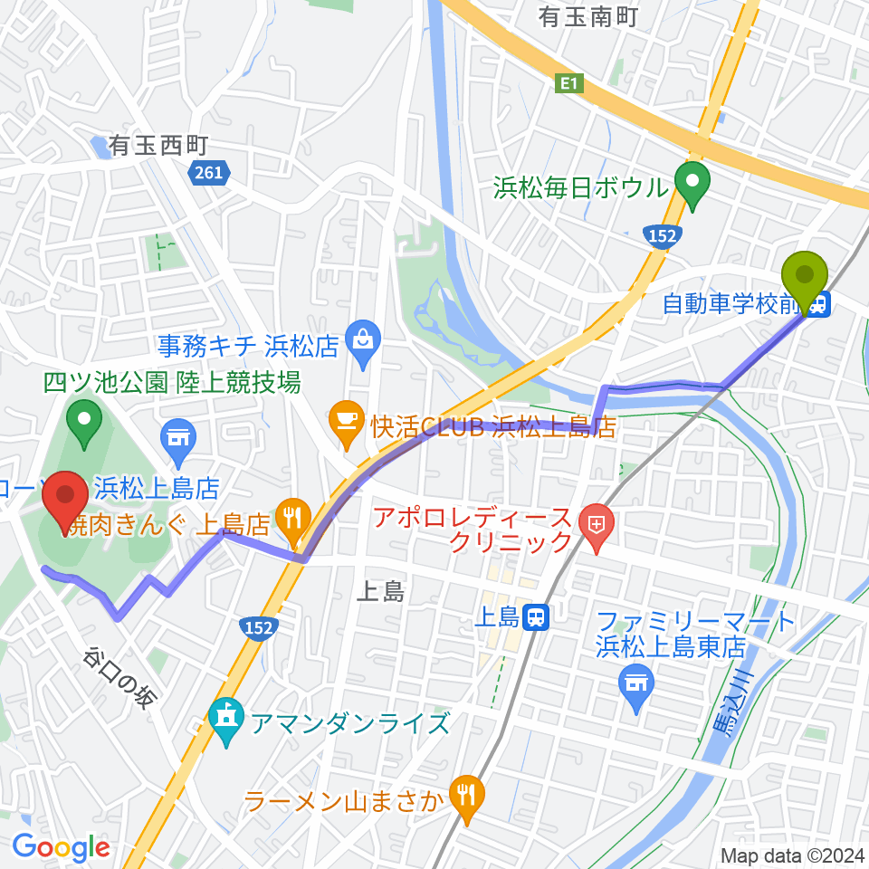 自動車学校前駅から浜松球場へのルートマップ地図