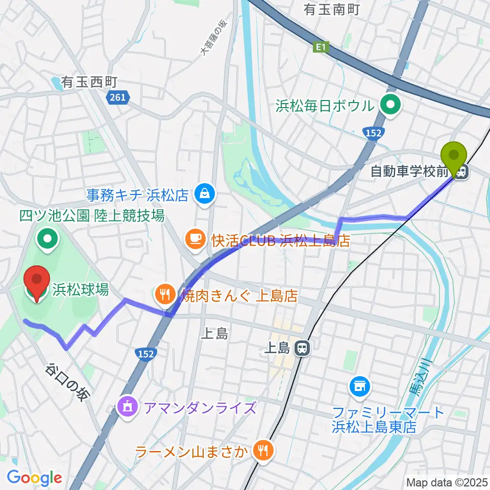 自動車学校前駅から浜松球場へのルートマップ地図