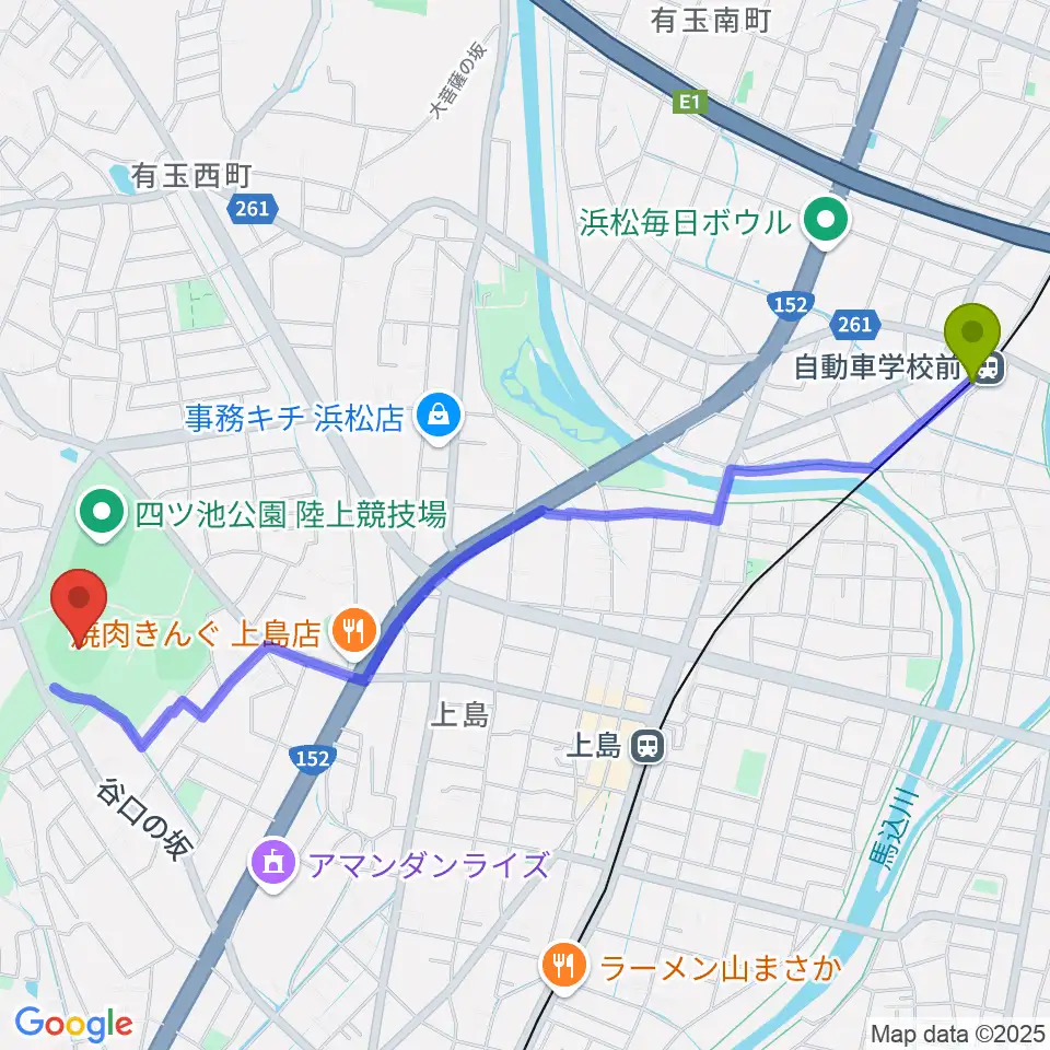 自動車学校前駅から浜松球場へのルートマップ地図
