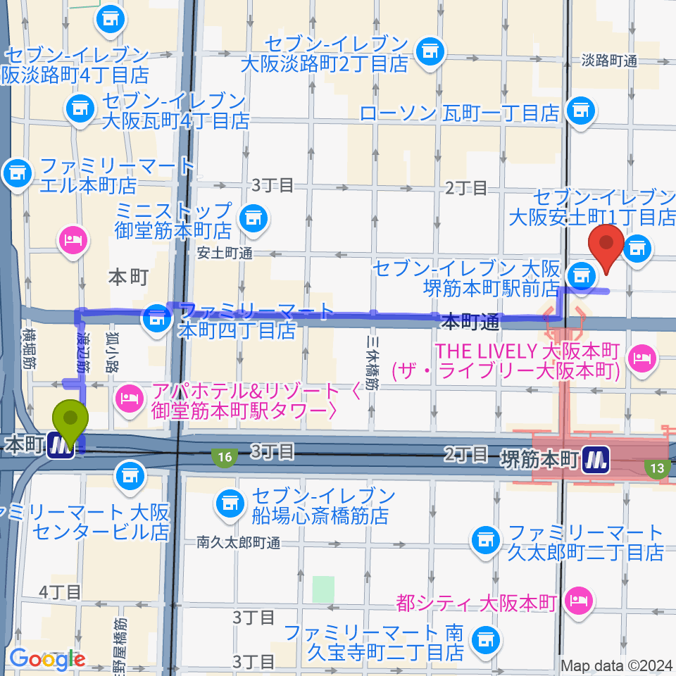 本町駅からJazz Club OverSeasへのルートマップ地図