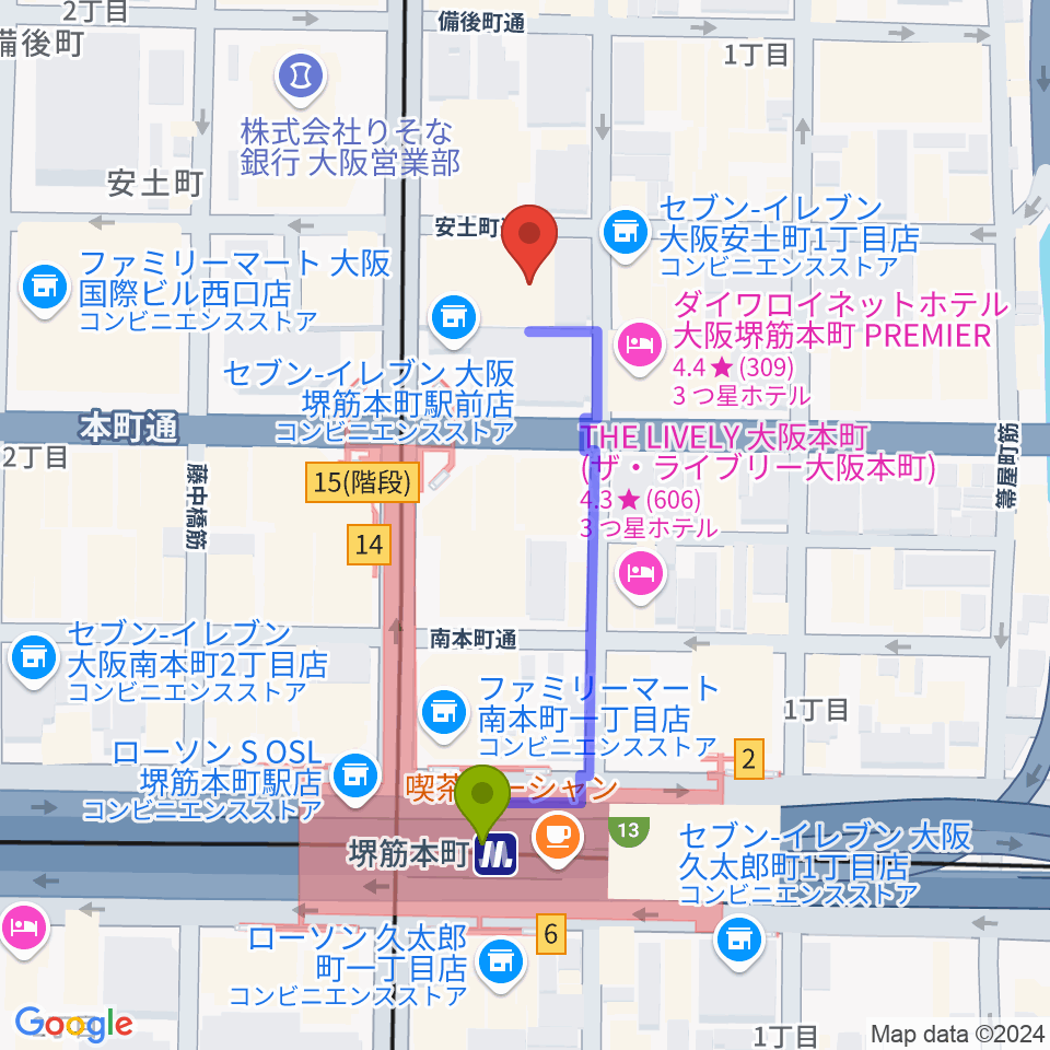 Jazz Club OverSeasの最寄駅堺筋本町駅からの徒歩ルート（約4分）地図