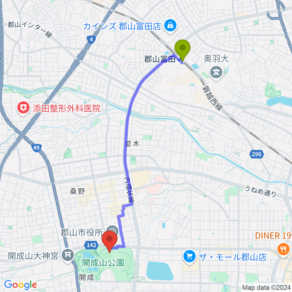 ヨーク開成山スタジアムの最寄駅郡山富田駅からの徒歩ルート（約42分）地図